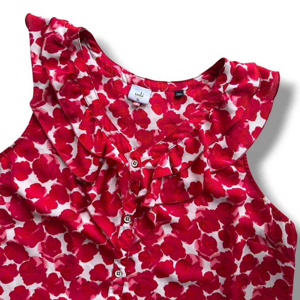 Cabi Womens XL Red Pink White Floral Rose Ruffle Button Sleeveless Rosy Top 4350